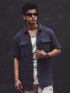 Powerlook India Slim Grey Oversized Self Design Textured Spread Collar Casual Shirt