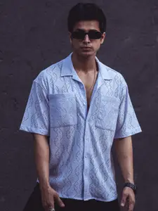 Powerlook India Slim Lavender Oversized Self Design Textured Cuban Collar Casual Shirt