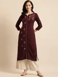 all about you Maroon Ethnic Motifs Embroidered Round Neck Thread Work Liva Straight Kurta