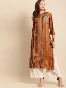 all about you Red Striped Mandarin Collar Beads and Stones Liva Straight Kurta