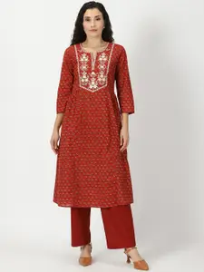 Saffron Threads Floral Print A-line Kurta With Yoke Embroidery
