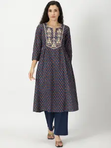 Saffron Threads Floral Print A-line Kurta with Yoke Embroidery