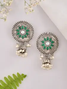 DASTOOR Silver-Plated Artificial Stones-Studded & Beaded Oxidised Contemporary Jhumkas