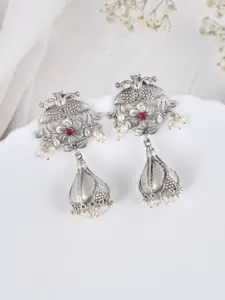 DASTOOR Silver-Plated Stone-Studded & Beaded Silver Diamond Shaped Oxidised Jhumkas