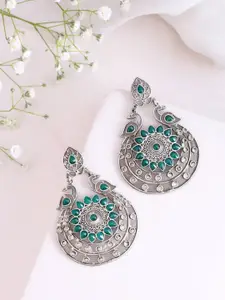DASTOOR Silver-Plated Artificial Stones-Studded Oxidised Chandbalis