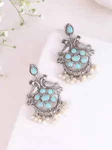 DASTOOR Silver-Plated Artificial Stones-Studded & Beaded Oxidised Drop Earrings
