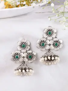 DASTOOR Silver-Plated Oxidised Artificial Stones and Beads Contemporary Jhumkas