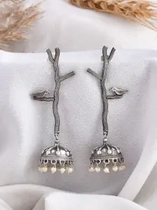 DASTOOR Silver-Plated Beaded Silver Diamond Shaped Oxidised Jhumkas