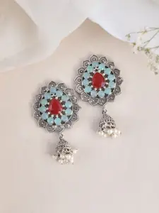 DASTOOR Silver-Plated Contemporary Oxidised Jhumkas