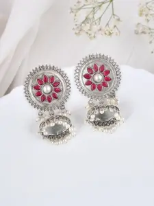DASTOOR Silver-Plated Artificial Stones-Studded & Beaded Oxidised Contemporary Jhumkas