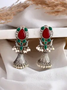 DASTOOR Silver-Plated Stone-Studded & Beaded Silver Diamond Shaped Oxidised Jhumkas