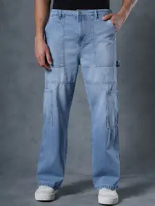 Bewakoof Men Straight Fit High-Rise Light Fade Whiskers Cotton Cargo Carpenter Jeans