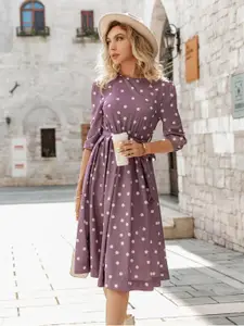 BAESD Polka Dot Printed Fit & Flare Dress With Belt