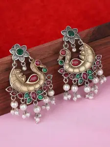 Anouk Silver-Plated Stone-Studded & Beaded Contemporary Oxidised Drop Earrings