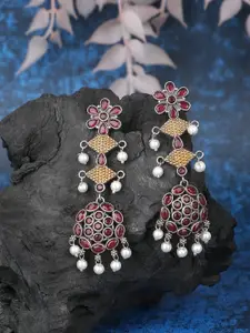 Anouk Silver-Plated Stone-Studded & Beaded Contemporary Oxidised Drop Earrings