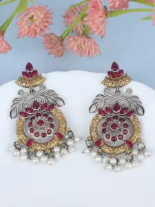 Anouk Red German Silver-Plated Beaded & Stone Studded Oxidised Classic Drop Earrings