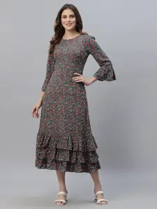 HOUSE OF KKARMA Floral Printed Bell Sleeves Gathered Layered Suede A-Line Midi Dress