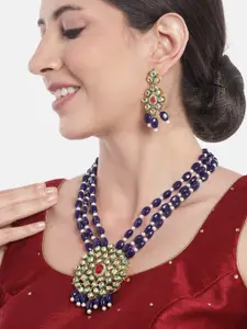 Anouk Women Gold-Plated Kundan Studded Layered Beaded Necklace with Earrings