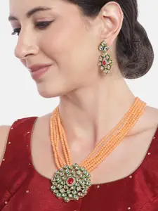 Anouk Women Gold-Plated Kundan Studded Layered Beaded Necklace with Earrings