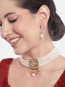 Anouk Women Gold-Plated Kundan & Pearl Studded Layered Beaded Necklace with Earrings