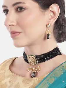 Anouk Women Gold-Plated Quartz Studded Layered Beaded Necklace with Earrings