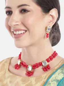 Anouk Women Gold-Plated Kundan Studded Layered Beaded Necklace with Earrings