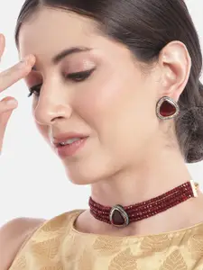 Anouk Women Gold-Plated AD Studded Layered Beaded Necklace with Earrings