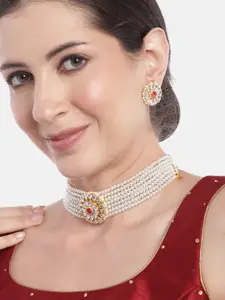 Anouk Women Gold-Plated Kundan Studded Layered Beaded Necklace with Earrings