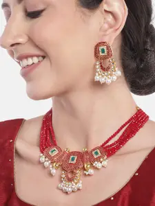 Anouk Women Gold-Plated AD Studded Layered Beaded Necklace with Earrings