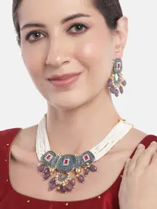 Anouk Women Gold-Plated AD Studded Layered Beaded Necklace with Earrings