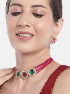 Anouk Women Gold-Plated AD Studded Layered Beaded Necklace with Earrings