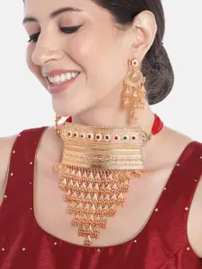 Anouk Peora Women Gold-Plated Beaded Layered Choker Necklace with Earrings