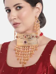 Anouk Peora Women Gold-Plated Beaded Layered Choker Necklace with Earrings