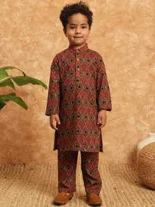 Readiprint Fashions Boys Ethnic Motifs Straight Cotton Kurta with Trousers & Nehru jacket