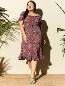 Berrylush Curve Plus Size Red Floral Printed Gathered Detailed A-Line Midi Dress