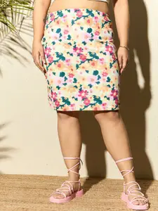 Berrylush Curve Floral Printed Slip-On Straight Hem Knitted Pencil Mini Skirt