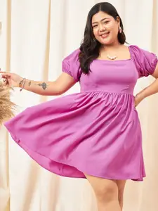 Berrylush Curve Plus Size Purple Square Neck Puff Sleeves Gathered Fit & Flare Dress