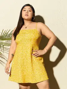 Berrylush Curve Plus Size Yellow Floral Printed A-Line Dress