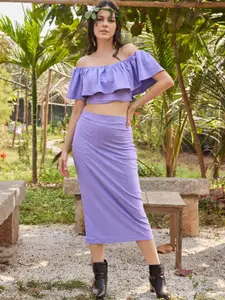 PURVAJA Textured Off shoulder Crop Top & Midi Pencil Skirt Co-Ords