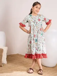 pspeaches Floral Printed Bell Sleeves Cotton A-Line Midi Dress