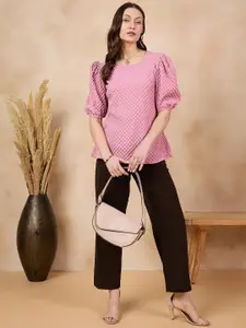 all about you Pink Self Design Puff Sleeve Puff Sleeve Top