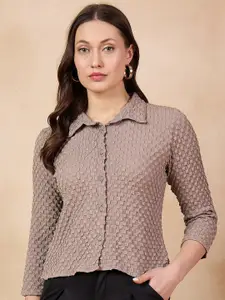 all about you Camel Brown Self Design Shirt Style Top