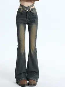 LULU & SKY Women Flared High-Rise Mildly Distressed Heavy Fade Jeans