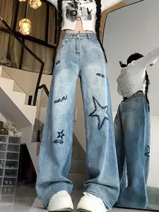 LULU & SKY Women Straight Fit High-Rise Low Distress Light Fade Jeans