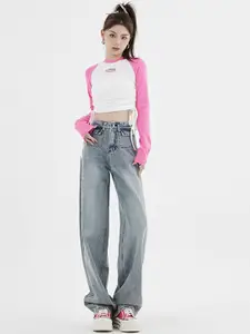 LULU & SKY Women Straight Fit High-Rise Low Distress Heavy Fade Jeans
