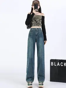 LULU & SKY Women Straight Fit High-Rise Low Distress Heavy Fade Jeans