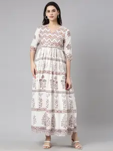 Neerus Ethnic Motifs Embroidered V-Neck Cotton Maxi Ethnic Dress