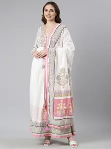 Neerus Floral Printed Gathered Cotton Maxi Ethnic Dress With Dupatta