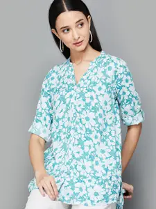 Melange by Lifestyle Floral Printed Mandarin Collar Roll-Up Sleeves Straight Kurti