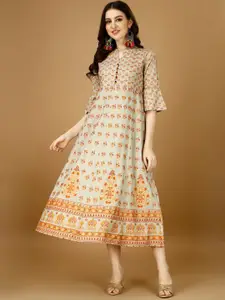 KALINI Floral Printed Mandarin Collar A-Line Ethnic Dress